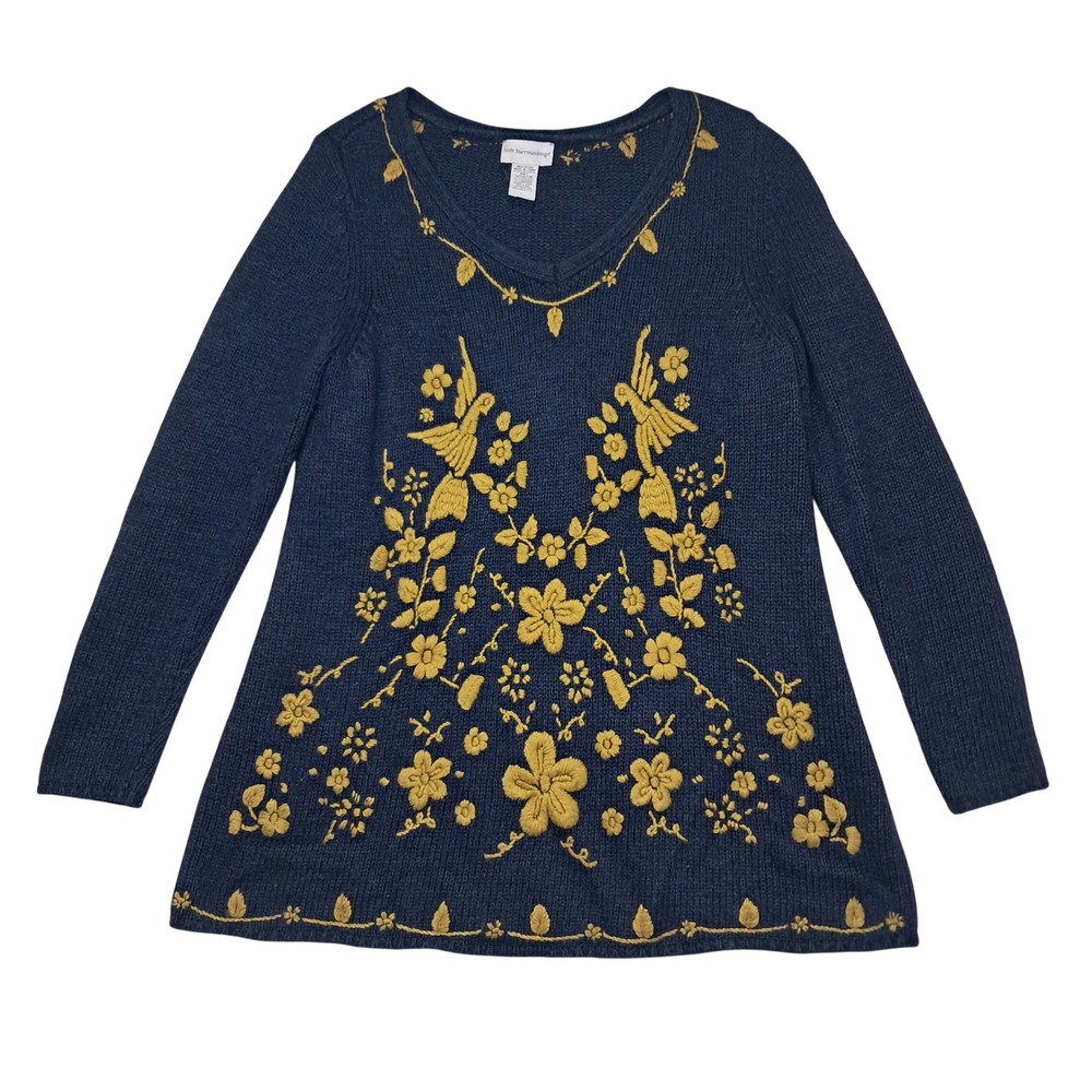 Soft Surroundings Sweater Women's Large Blue Floral Birds Wool Embroidered Boho
